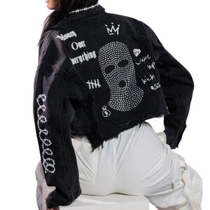 Trio Urban Cropped Denim Jacket - Black Masked Rhinestone